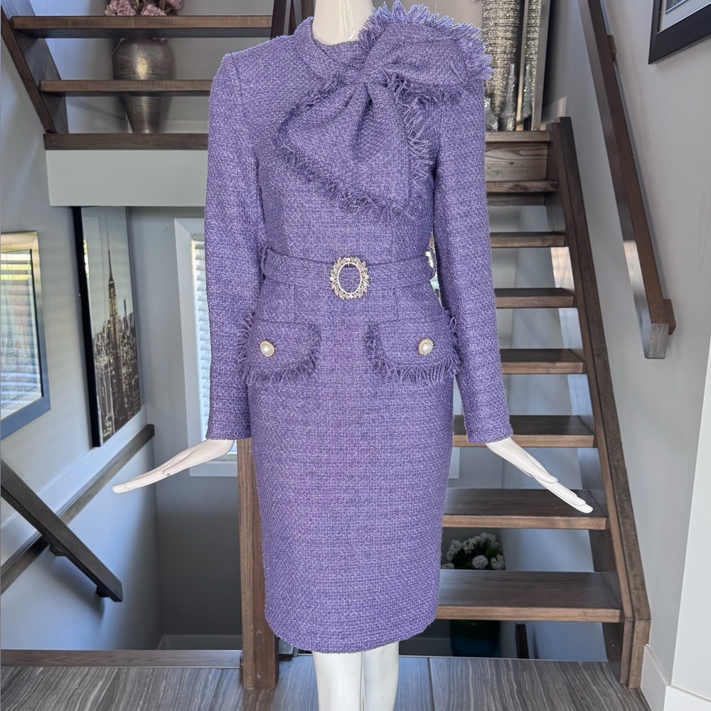 New 💜 Elegant Purple Tweed Dress with Belt